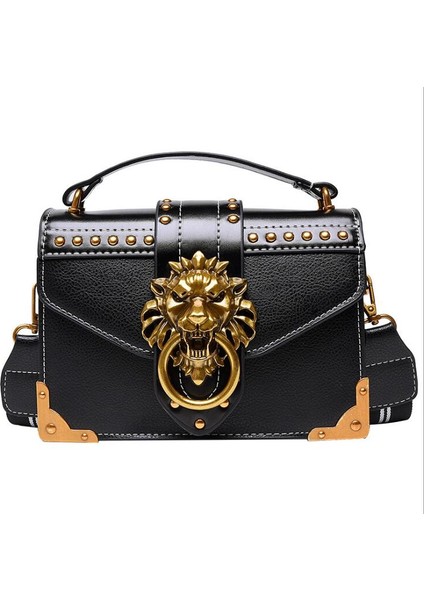 Siyah Stil Moda Kız Metal Aslan Çantaları Çapraz Çantalar Tote Kadınlar Metal Aslan Kafa Omuz Çantası Mini Kare Çanta (Yurt Dışından)