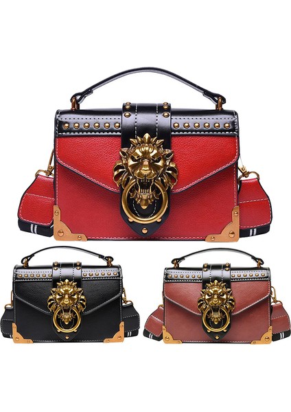 Siyah Stil Moda Kız Metal Aslan Çantaları Çapraz Çantalar Tote Kadınlar Metal Aslan Kafa Omuz Çantası Mini Kare Çanta (Yurt Dışından) fiyatları