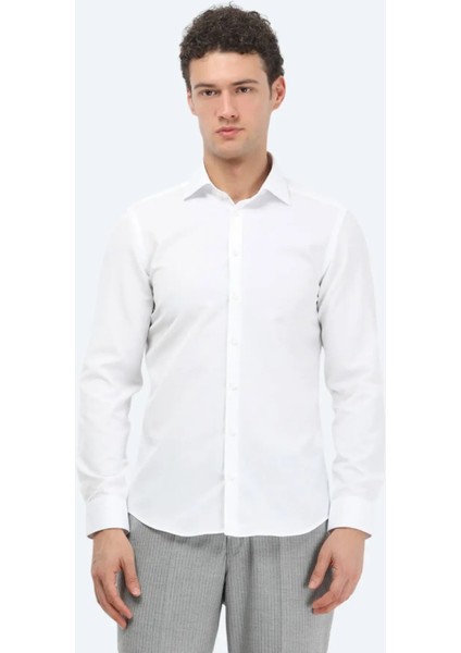 Beyaz Düz Slim Fit Dokuma Klasik Pamuk Karışımlı Gömlek
