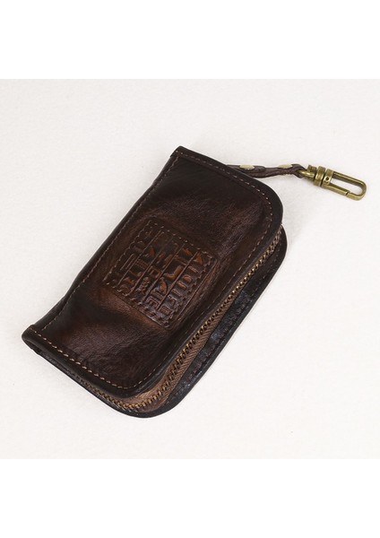 Kahve Stili Erkek Kadın Kısa Vintage El Yapımı Fermuar Araba Anahtar Cüzdanı Kartlık Cüzdan Çanta Organizatör Hizmetçi Için Hakiki Deri Anahtar Cüzdanı (Yurt Dışından)