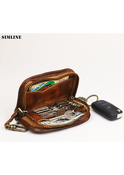 Kahve Stili Erkek Kadın Kısa Vintage El Yapımı Fermuar Araba Anahtar Cüzdanı Kartlık Cüzdan Çanta Organizatör Hizmetçi Için Hakiki Deri Anahtar Cüzdanı (Yurt Dışından)