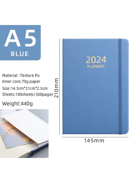 2024 A5 Ingilizce Program Planlayıcısı Lastik Bantlı Defter Mavi (Yurt Dışından)