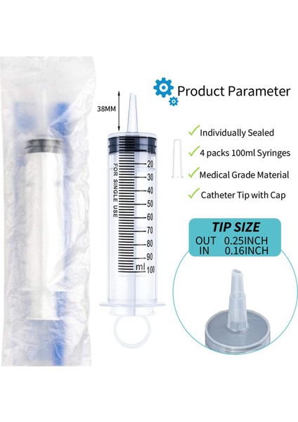 4 Adet 100ML Büyük Şırınga Kapaklı, Tek Tek Steril Mühürlü (Yurt Dışından)