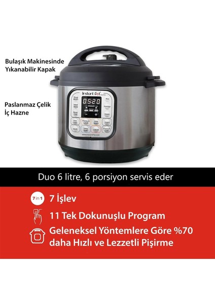 Duo 7'si 1 Arada Akıllı Pişirici, 5.7 L, Düdüklü Tencere, Yumuşak Pişirici, Pilav Pişirici, Sote Tavası, Yoğurt Hazırlayıcı, Buharlı Pişirici Ve Yemek Isıtıcısı