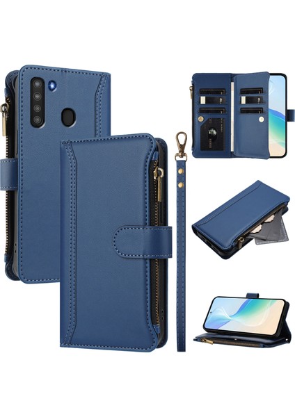 Case For Samsung Galaxy A21 Premium Leather Zipper Pocket Wallet Phone Case With 9 Card Slots And Detachable Wrist Strap (Yurt Dışından)