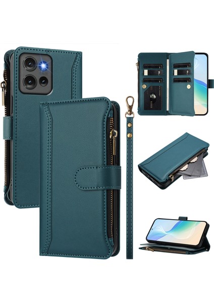 Case For Motorola Edge 50 5g Premium Leather Zipper Pocket Wallet Phone Case With 9 Card Slots And Detachable Wrist Strap (Yurt Dışından)