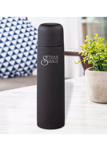 Kişiye Özel Kutulu 5500 Siyah Deri Çantalı Seyahat Termosu 500ML