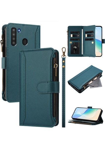 Case For Samsung Galaxy A21 Premium Leather Zipper Pocket Wallet Phone Case With 9 Card Slots And Detachable Wrist Strap (Yurt Dışından)