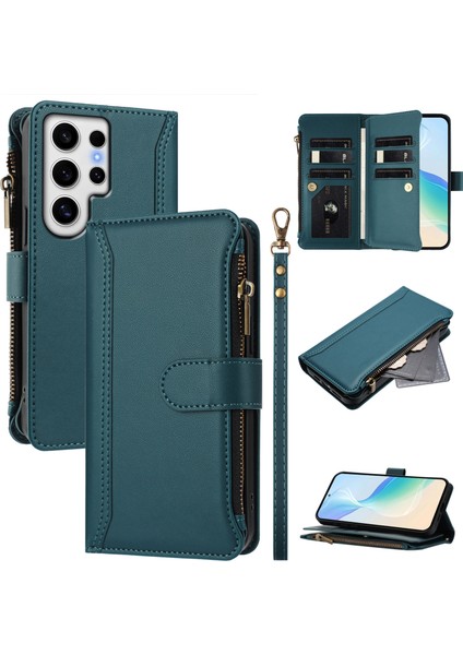 Case For Samsung Galaxy S24 Ultra Premium Leather Zipper Pocket Wallet Phone Case With 9 Card Slots And Detachable Wrist Strap (Yurt Dışından)