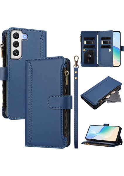 Case For Samsung Galaxy S22 5g Premium Leather Zipper Pocket Wallet Phone Case With 9 Card Slots And Detachable Wrist Strap (Yurt Dışından)