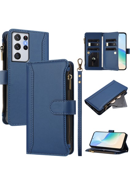 Case For Samsung Galaxy S21 Ultra Premium Leather Zipper Pocket Wallet Phone Case With 9 Card Slots And Detachable Wrist Strap (Yurt Dışından)