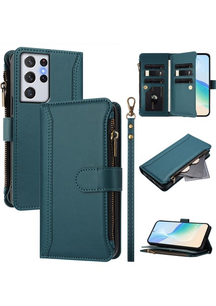 Case For Samsung Galaxy S21 Ultra Premium Leather Zipper Pocket Wallet Phone Case With 9 Card Slots And Detachable Wrist Strap (Yurt Dışından)