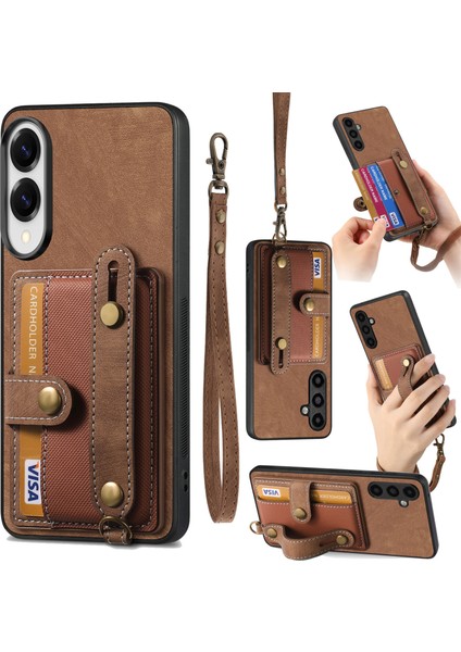 Samsung Galaxy S25 Edge Retro Pu Deri Arka Kapak Kart Tutucu ve Bileklik Ayaklığı ile (Yurt Dışından)