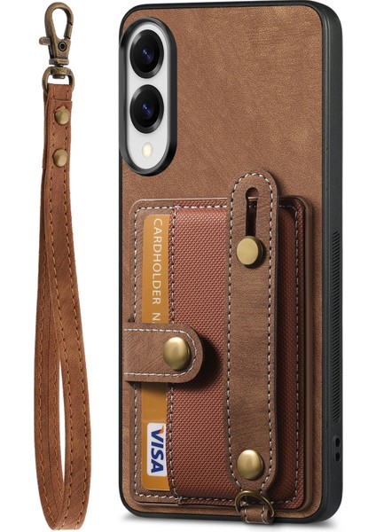 Samsung Galaxy S25 Edge Retro Pu Deri Arka Kapak Kart Tutucu ve Bileklik Ayaklığı ile (Yurt Dışından)