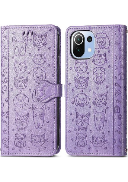 Xiaomi 11 Lite Sevimli Kedi Kabartmalı Premium Pu Deri Flip Darbeye Dayanıklı Cüzdan Manyetik Kılıf Kapağı Kart Yuvaları ile (Yurt Dışından)
