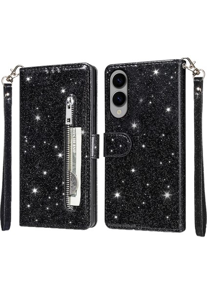 Samsung Galaxy S25 Edge Stand Kılıf Simli Telefon Deri Kapak Fermuarlı Cep (Yurt Dışından)