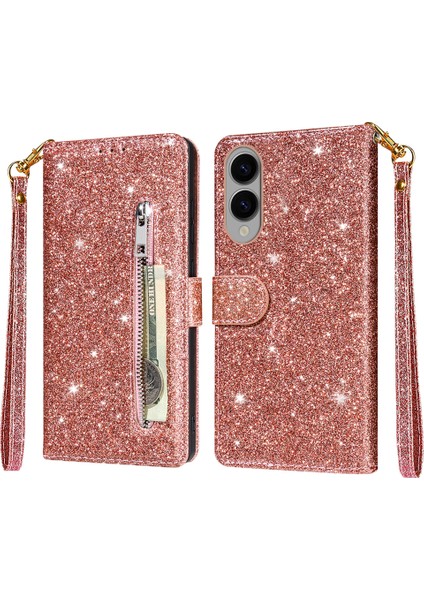 Samsung Galaxy S25 Edge Stand Kılıf Simli Telefon Deri Kapak Fermuarlı Cep (Yurt Dışından)