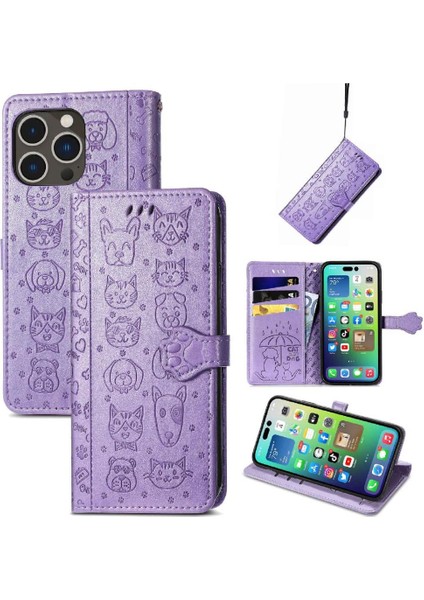 iPhone 14 Promax Sevimli Kedi Kabartmalı Premium Pu Deri Flip Darbeye Dayanıklı Cüzdan Manyetik Kılıf Kapağı Kart Yuvaları ile (Yurt Dışından)