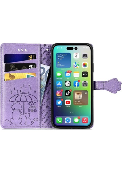 iPhone 14 Promax Sevimli Kedi Kabartmalı Premium Pu Deri Flip Darbeye Dayanıklı Cüzdan Manyetik Kılıf Kapağı Kart Yuvaları ile (Yurt Dışından)