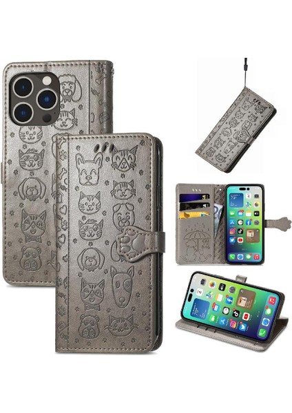 iPhone 14 Promax Sevimli Kedi Kabartmalı Premium Pu Deri Flip Darbeye Dayanıklı Cüzdan Manyetik Kılıf Kapağı Kart Yuvaları ile (Yurt Dışından)