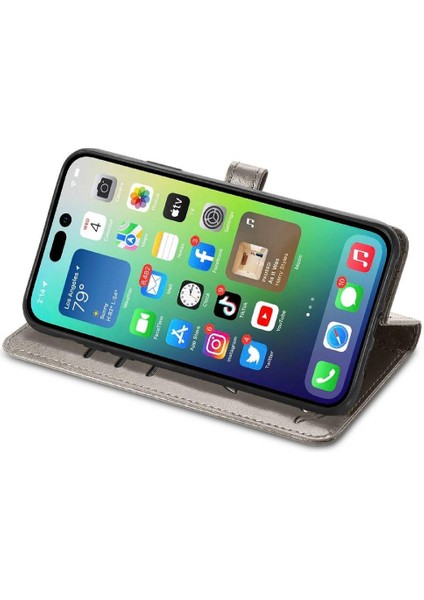 iPhone 14 Promax Sevimli Kedi Kabartmalı Premium Pu Deri Flip Darbeye Dayanıklı Cüzdan Manyetik Kılıf Kapağı Kart Yuvaları ile (Yurt Dışından)