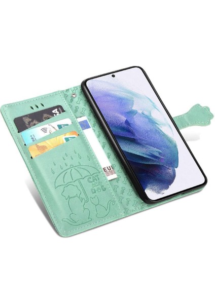 Samsung Galaxy S22 Sevimli Kedi Kabartmalı Premium Pu Deri Flip Darbeye Dayanıklı Cüzdan Manyetik Kılıf Kapağı Kart Yuvaları ile (Yurt Dışından)