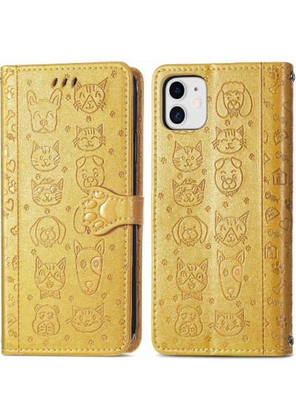 iPhone 12 Mını Sevimli Kedi Kabartmalı Premium Pu Deri Flip Darbeye Dayanıklı Cüzdan Manyetik Kılıf Kapağı Kart Yuvaları ile (Yurt Dışından)