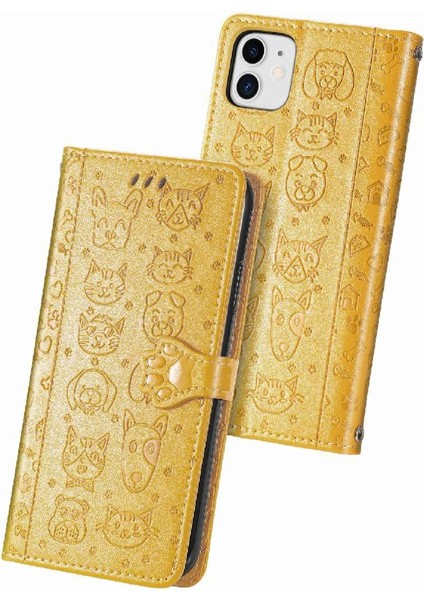 iPhone 12 Mını Sevimli Kedi Kabartmalı Premium Pu Deri Flip Darbeye Dayanıklı Cüzdan Manyetik Kılıf Kapağı Kart Yuvaları ile (Yurt Dışından)
