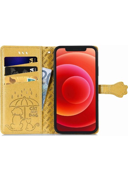 iPhone 12 Mını Sevimli Kedi Kabartmalı Premium Pu Deri Flip Darbeye Dayanıklı Cüzdan Manyetik Kılıf Kapağı Kart Yuvaları ile (Yurt Dışından)
