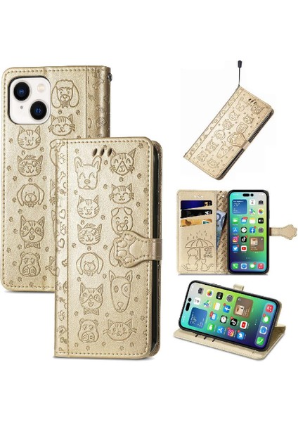 iPhone 14 Plus Sevimli Kedi Kabartmalı Premium Pu Deri Flip Darbeye Dayanıklı Cüzdan Manyetik Kılıf Kapağı Kart Yuvaları ile (Yurt Dışından)