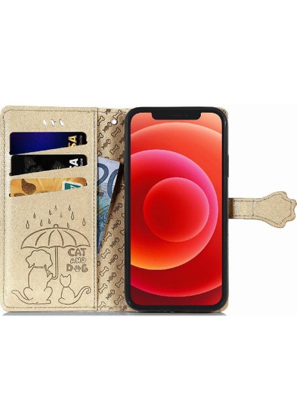 iPhone 12 Mını Sevimli Kedi Kabartmalı Premium Pu Deri Flip Darbeye Dayanıklı Cüzdan Manyetik Kılıf Kapağı Kart Yuvaları ile (Yurt Dışından)