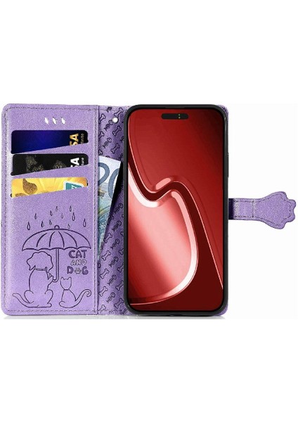 iPhone 16 Pro Sevimli Kedi Kabartmalı Premium Pu Deri Flip Darbeye Dayanıklı Cüzdan Manyetik Kılıf Kapağı Kart Yuvaları ile (Yurt Dışından)