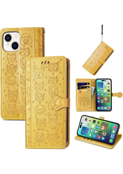 iPhone 14 Plus Sevimli Kedi Kabartmalı Premium Pu Deri Flip Darbeye Dayanıklı Cüzdan Manyetik Kılıf Kapağı Kart Yuvaları ile (Yurt Dışından)