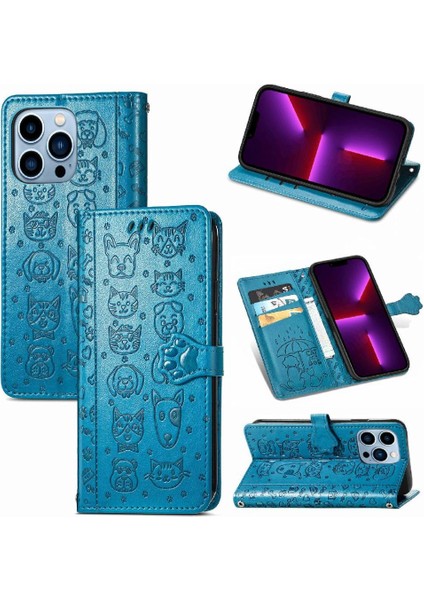 iPhone 13 Pro Sevimli Kedi Kabartmalı Premium Pu Deri Flip Darbeye Dayanıklı Cüzdan Manyetik Kılıf Kapağı Kart Yuvaları ile (Yurt Dışından)