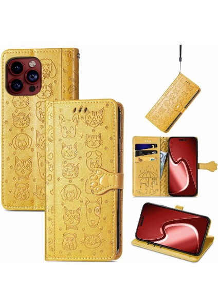 iPhone 15 Promax Sevimli Kedi Kabartmalı Premium Pu Deri Flip Darbeye Dayanıklı Cüzdan Manyetik Kılıf Kapağı Kart Yuvaları ile (Yurt Dışından)