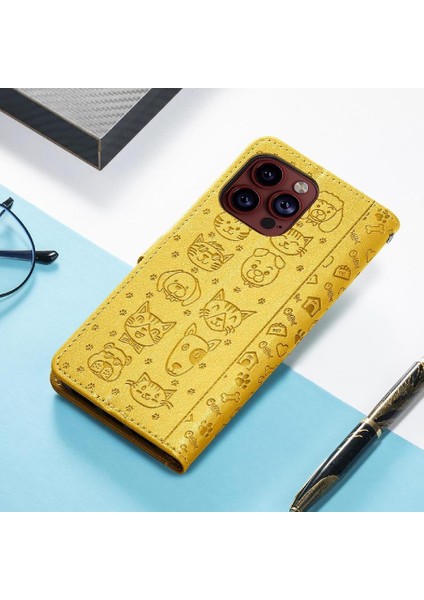 iPhone 15 Promax Sevimli Kedi Kabartmalı Premium Pu Deri Flip Darbeye Dayanıklı Cüzdan Manyetik Kılıf Kapağı Kart Yuvaları ile (Yurt Dışından)