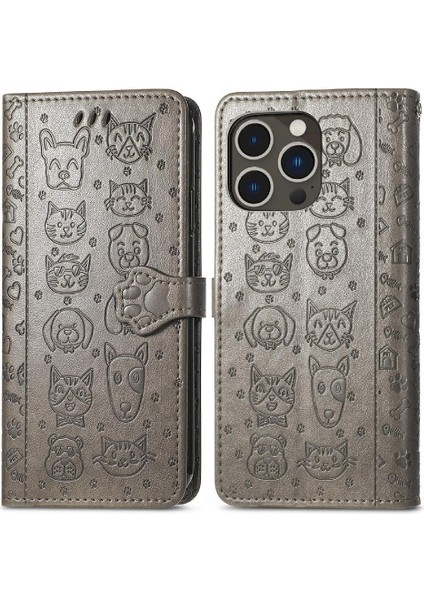 iPhone 14 Pro Sevimli Kedi Kabartmalı Premium Pu Deri Flip Darbeye Dayanıklı Cüzdan Manyetik Kılıf Kapağı Kart Yuvaları ile (Yurt Dışından)