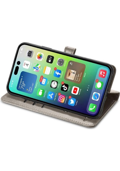 iPhone 14 Pro Sevimli Kedi Kabartmalı Premium Pu Deri Flip Darbeye Dayanıklı Cüzdan Manyetik Kılıf Kapağı Kart Yuvaları ile (Yurt Dışından)