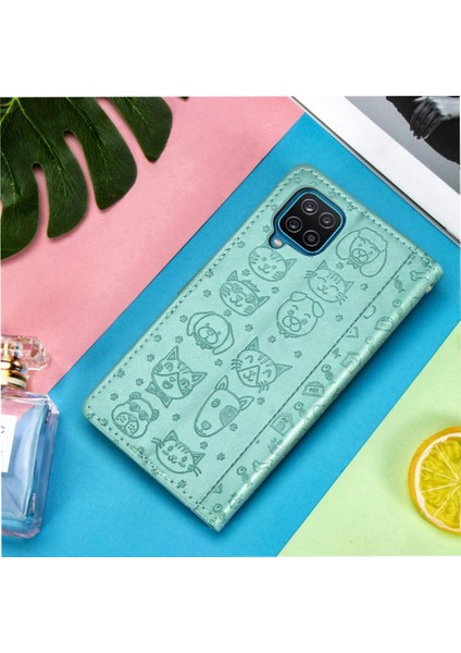 Samsung Galaxy A12 Sevimli Kedi Kabartmalı Premium Pu Deri Flip Darbeye Dayanıklı Cüzdan Manyetik Kılıf Kapağı Kart Yuvaları ile (Yurt Dışından)