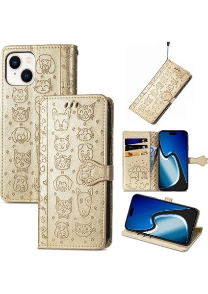 iPhone 15 Plus Sevimli Kedi Kabartmalı Premium Pu Deri Flip Darbeye Dayanıklı Cüzdan Manyetik Kılıf Kapağı Kart Yuvaları ile (Yurt Dışından)