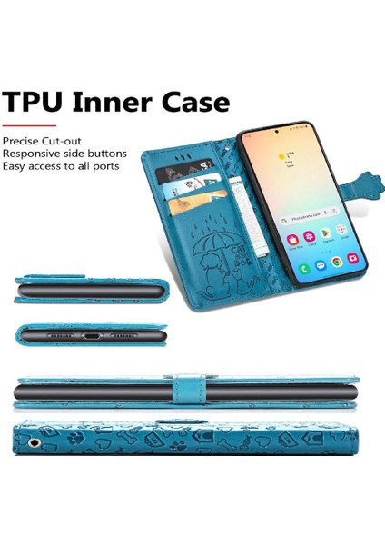 Samsung Galaxy S25 Plus Sevimli Kedi Kabartmalı Premium Pu Deri Flip Darbeye Dayanıklı Cüzdan Manyetik Kılıf Kapağı Kart Yuvaları ile (Yurt Dışından)