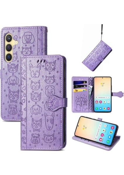 Samsung Galaxy S25 Plus Sevimli Kedi Kabartmalı Premium Pu Deri Flip Darbeye Dayanıklı Cüzdan Manyetik Kılıf Kapağı Kart Yuvaları ile (Yurt Dışından)