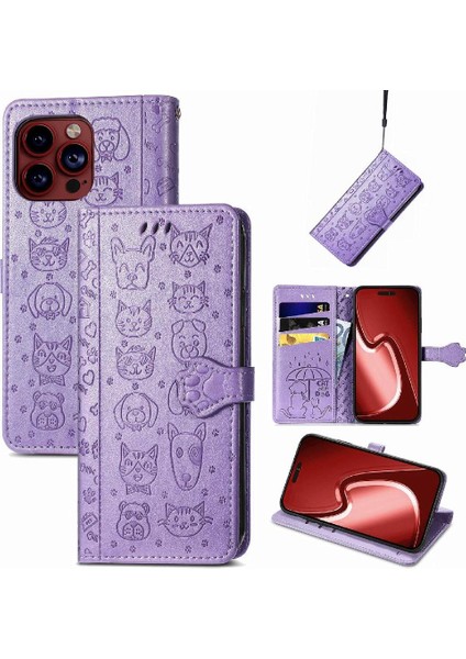 iPhone 15 Promax Sevimli Kedi Kabartmalı Premium Pu Deri Flip Darbeye Dayanıklı Cüzdan Manyetik Kılıf Kapağı Kart Yuvaları ile (Yurt Dışından)