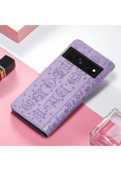 Google Pixel 7 Pro Sevimli Kedi Kabartmalı Premium Pu Deri Flip Darbeye Dayanıklı Cüzdan Manyetik Kılıf Kapağı Kart Yuvaları ile (Yurt Dışından)