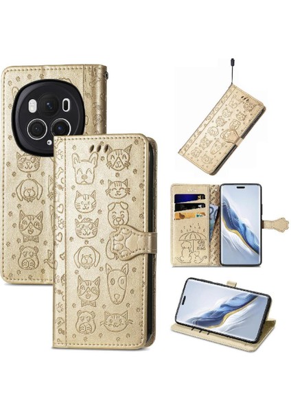 Honor Magic 6 Pro Sevimli Kedi Kabartmalı Premium Pu Deri Flip Darbeye Dayanıklı Cüzdan Manyetik Kılıf Kapağı Kart Yuvaları ile (Yurt Dışından)
