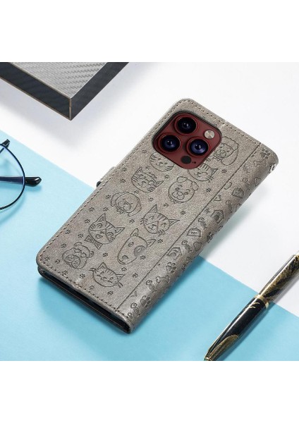 iPhone 15 Pro Sevimli Kedi Kabartmalı Premium Pu Deri Flip Darbeye Dayanıklı Cüzdan Manyetik Kılıf Kapağı Kart Yuvaları ile (Yurt Dışından)
