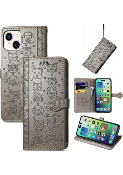 iPhone 14 Sevimli Kedi Kabartmalı Premium Pu Deri Flip Darbeye Dayanıklı Cüzdan Manyetik Kılıf Kapağı Kart Yuvaları ile (Yurt Dışından)