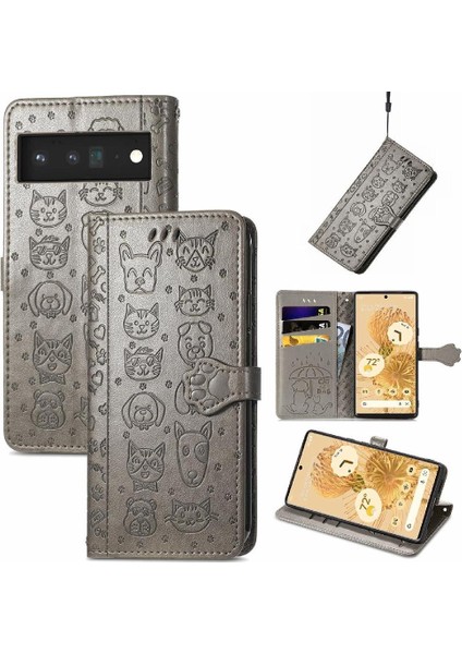 Google Pixel 6 Sevimli Kedi Kabartmalı Premium Pu Deri Flip Darbeye Dayanıklı Cüzdan Manyetik Kılıf Kapağı Kart Yuvaları ile (Yurt Dışından)