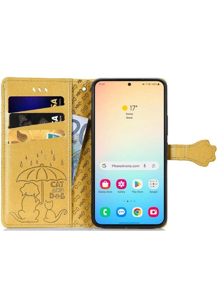 Samsung Galaxy S25 Sevimli Kedi Kabartmalı Premium Pu Deri Flip Darbeye Dayanıklı Cüzdan Manyetik Kılıf Kapağı Kart Yuvaları ile (Yurt Dışından)