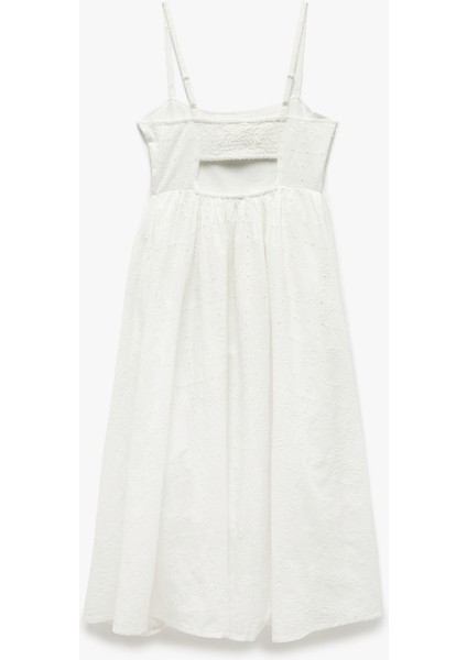 Pamuklu Arkası Pencere Detaylı Midi Askılı Brodeli Fistolu Kloş Elbise indirimleri